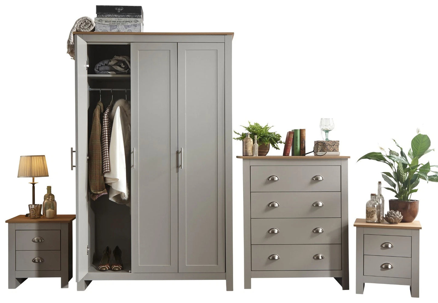 Lancaster Grey 4 Piece Bedroom Furniture Set – 3 Door Wardrobe, 2 Bedside Tables & 4 Drawer Chest