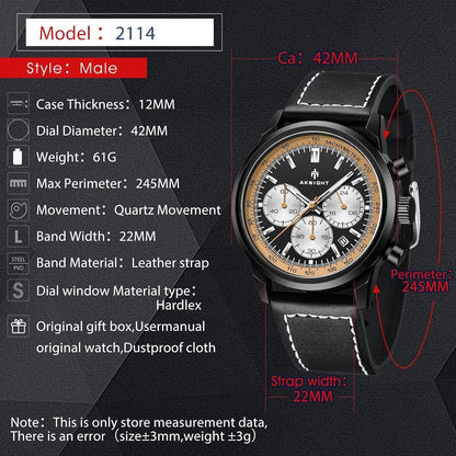 Aknight Men's Chronograph-Style Wrist Watch – Black Case, Genuine Leather Strap, Black & Gold Dial