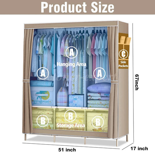 Large Fabric Canvas Wardrobe with Clothes Hanging Rail Shelving Storage Closet