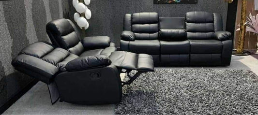 Madrid Leather Recliner Sofa with Cup holders-3+2 Seater Sofa-Black (3+2 Seater)