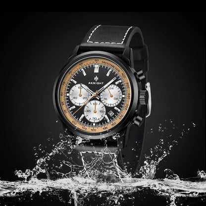 Aknight Men's Chronograph-Style Wrist Watch – Black Case, Genuine Leather Strap, Black & Gold Dial