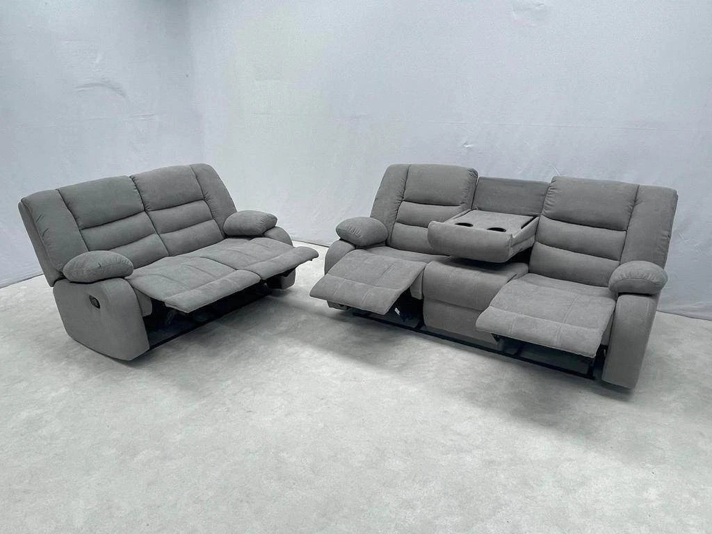 Madrid Fabric Recliner Sofa 3+2 Seater Set with Cupholders - Grey