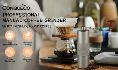 CONQUECO Manual Coffee Grinder Burr: Portable Stainless Steel Conical Burr Bean