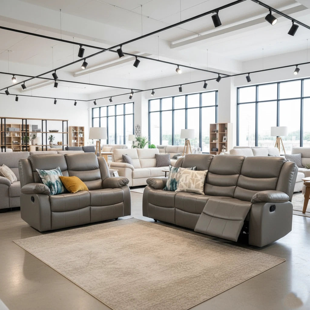 Madrid Leather Recliner Sofa 3+2 Set With Cup Holders-Grey