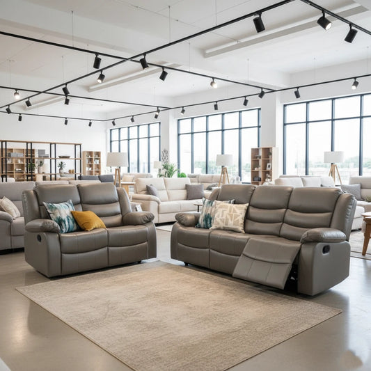 Madrid Leather Recliner Sofa 3+2 Set With Cup Holders-Grey