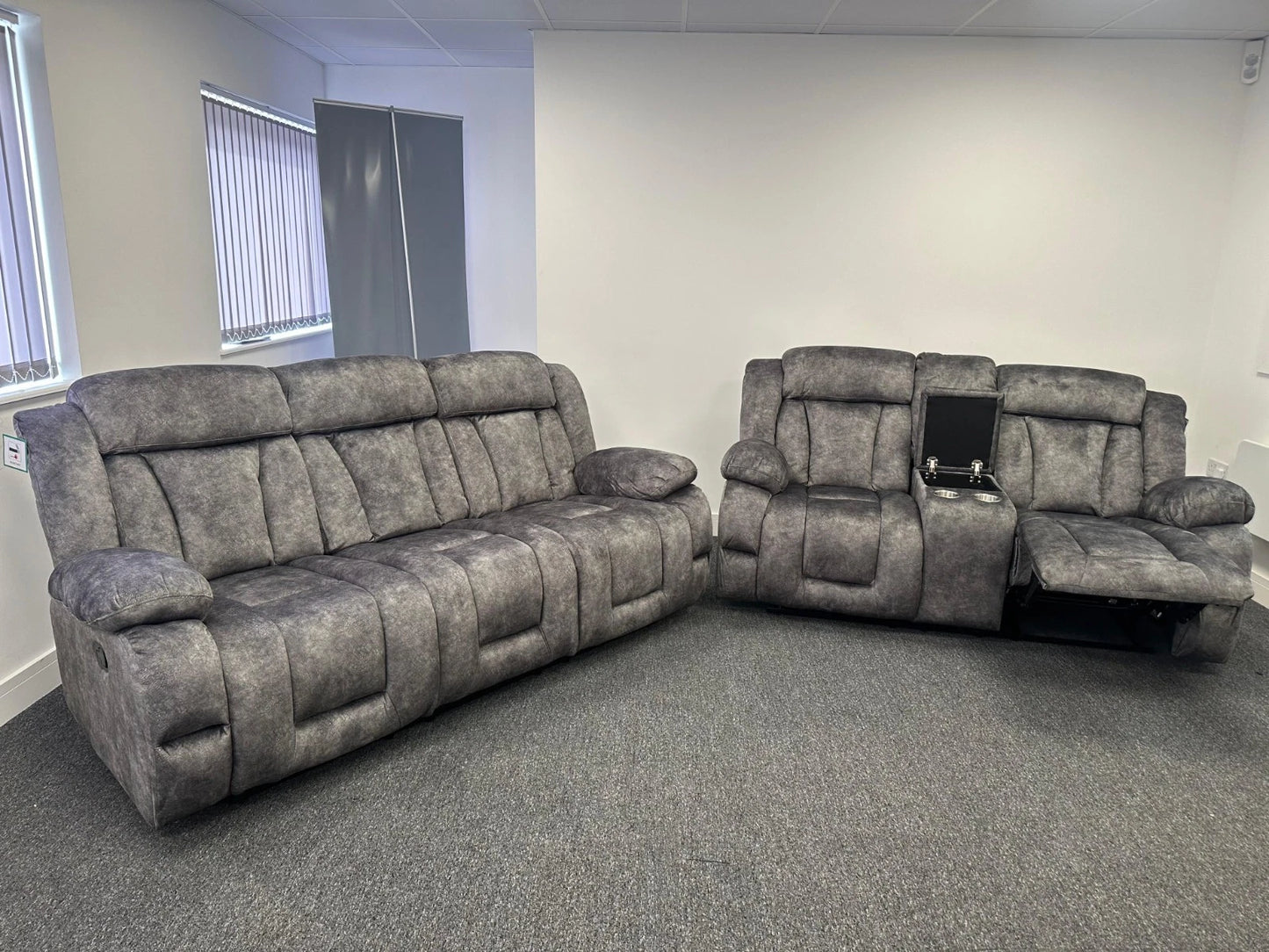 Buenos Suede Fabric Recliner Sofa 3+2 Seater With Cup Holders Grey