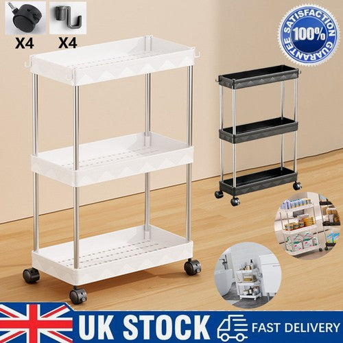 3-Tier Rolling Storage Trolley Cart – Slim Rack for Kitchen, Bathroom & Laundry