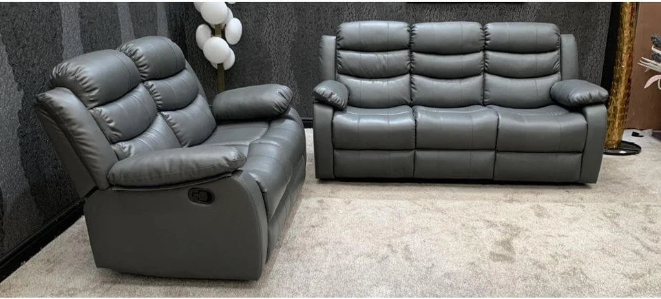 Madrid Leather Recliner Sofa with Cupholders-3+2 Seater Sofa-Grey(3+2 Seater)