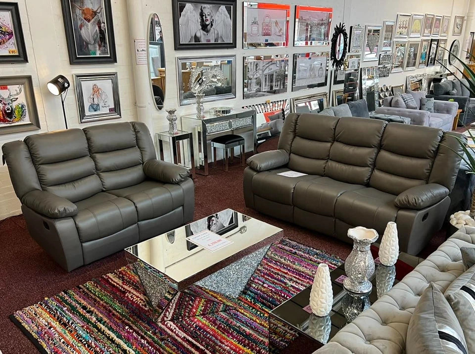 Madrid Leather Recliner Sofa 3+2 Set With Cup Holders-Grey