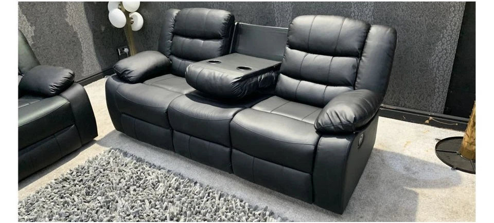 Madrid Leather Recliner Sofa with Cup holders-3+2 Seater Sofa-Black (3+2 Seater)
