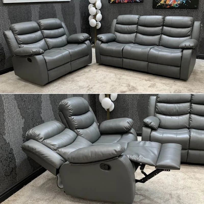 Madrid Leather Recliner Sofa with Cupholders-3+2 Seater Sofa-Grey(3+2 Seater)