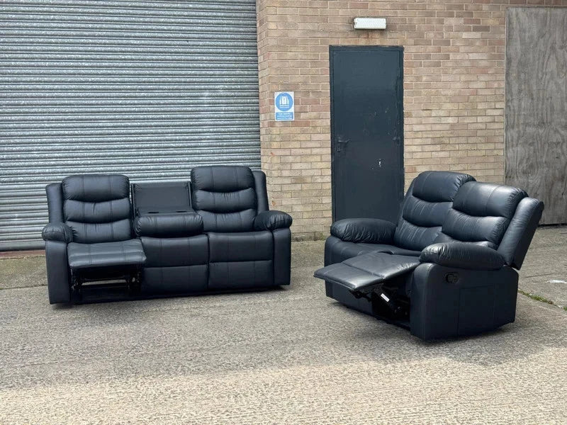 Madrid Leather Recliner Sofa with Cup holders-3+2 Seater Sofa-Black (3+2 Seater)