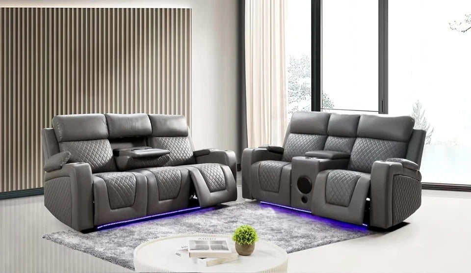 Florida Music Electric Recliners 3+2 Seater Leather Sofa Bluetooth/LED/USB Ports