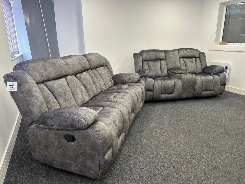 Buenos Suede Fabric Recliner Sofa 3+2 Seater With Cup Holders Grey