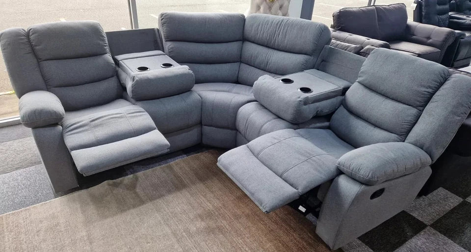 Madrid Fabric Recliner Corner Sofa Grey With Cup Holders(230 cm x 230 cm )