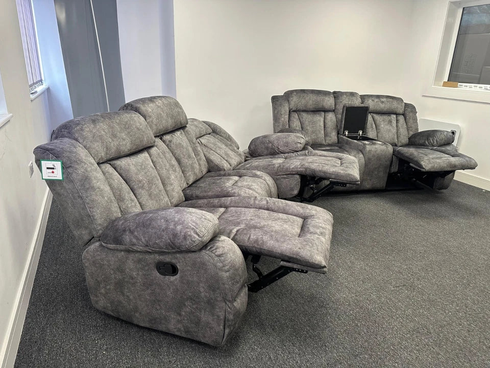 Buenos Suede Fabric Recliner Sofa 3+2 Seater With Cup Holders Grey