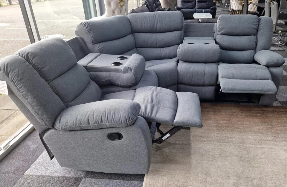 Madrid Fabric Recliner Corner Sofa Grey With Cup Holders(230 cm x 230 cm )