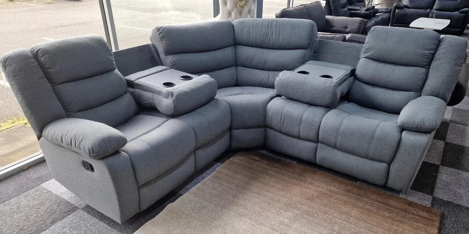 Madrid Fabric Recliner Corner Sofa Grey With Cup Holders(230 cm x 230 cm )