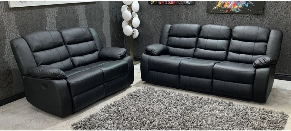 Madrid Leather Recliner Sofa with Cup holders-3+2 Seater Sofa-Black (3+2 Seater)