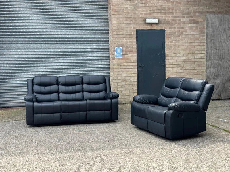 Madrid Leather Recliner Sofa with Cup holders-3+2 Seater Sofa-Black (3+2 Seater)