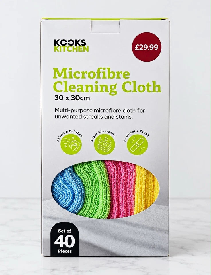 Kooks Kitchen Microfibre Cleaning Cloths, Pack of 40, 30 x 30cm, Multicolour