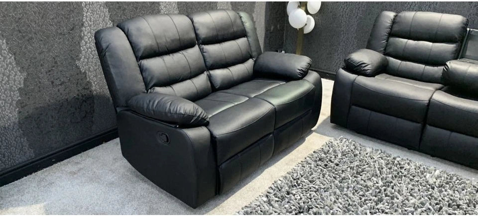 Madrid Leather Recliner Sofa with Cup holders-3+2 Seater Sofa-Black (3+2 Seater)
