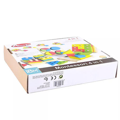 4-Piece Educational Wooden Playset – Shape Sorter, Puzzles, Stacking Blocks & Colour Boards – Montessori-Style Toy for Toddlers 18 Months+